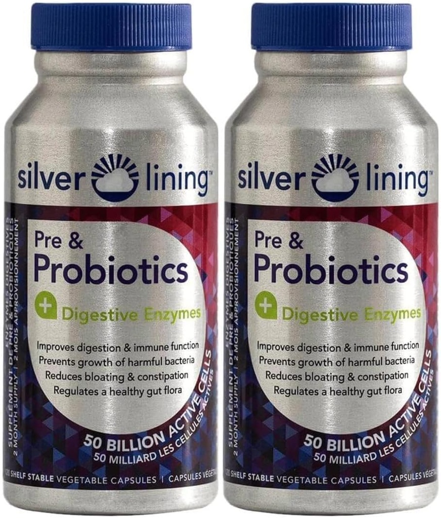 Silver Lining Pre & Probiootit + digestiivinen Entsyymit 50 miljardia PMY / aktiivisia soluja Ruoansulatus- ja immuunitoimintojen tuki, vähentää turvotusta ...