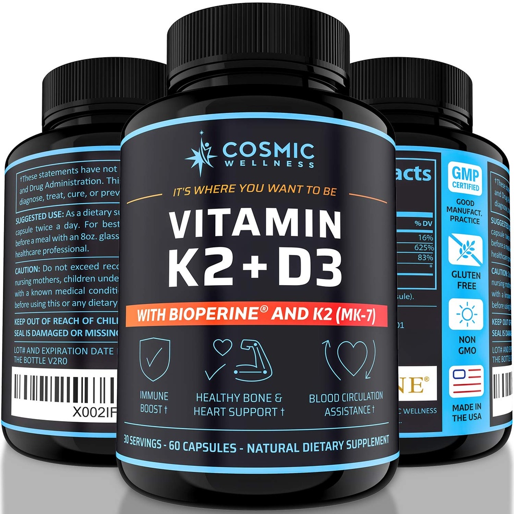 K2 D3-vitamiinilisä 5000 Iu - Terveempiä luita, verta, sydäntä ja parempaa immuniteettia varten - Parannettu kalsiumin imeytyminen Bioperiinillä - 100% Luonnollinen ja allergeenivapaa - D3-vitamiini K2 Mk7 5000 IU
