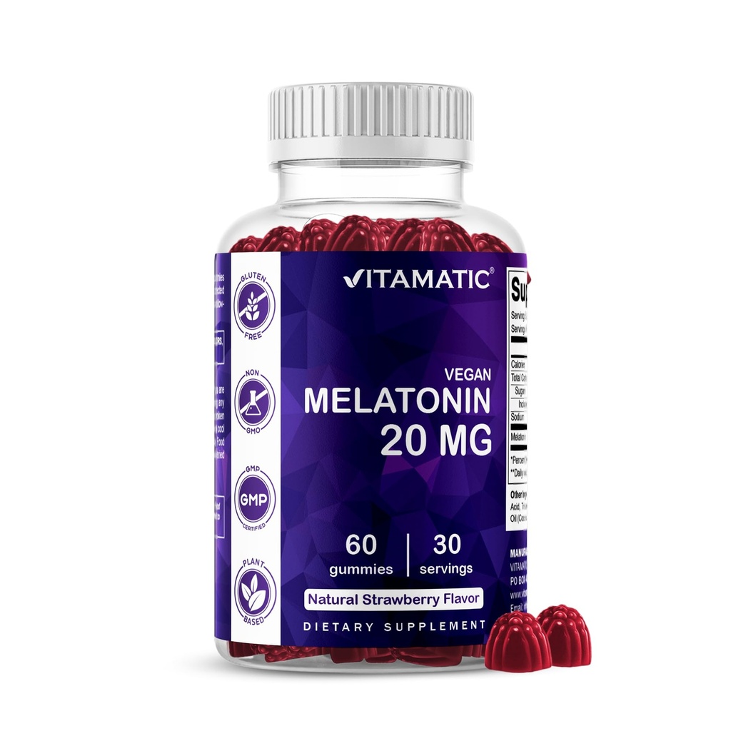 Vitamatic melatoniini 20mg Gummies aikuisille, 30 Tarjoilut - 60 Count - ei-hubit muodossa täydentää