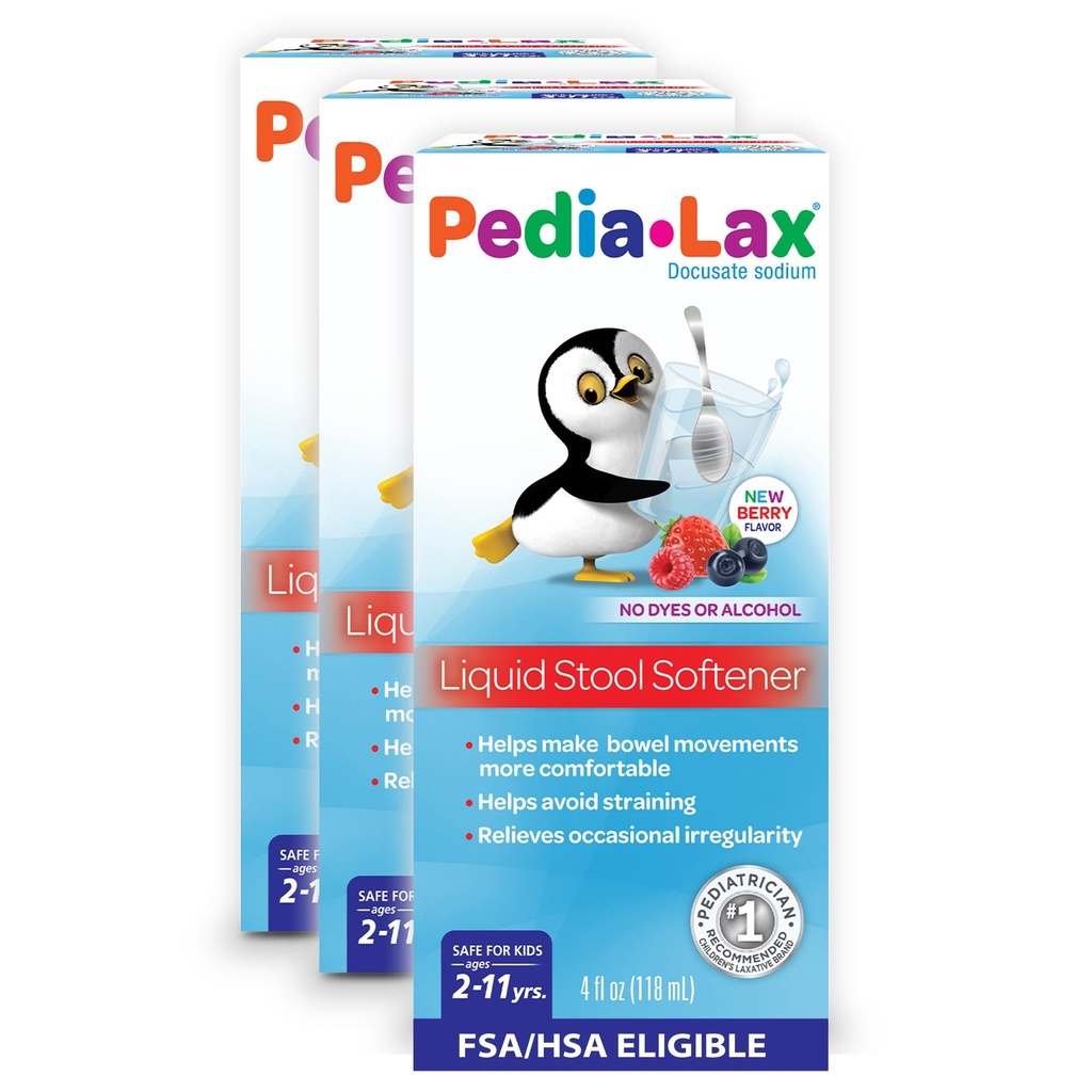 Pedia-Lax Liquid Stool Softener för barn, Ålder 2-11, Berry Flavor, 4 Fl Oz (Pack of 3) Förpackning kan variera