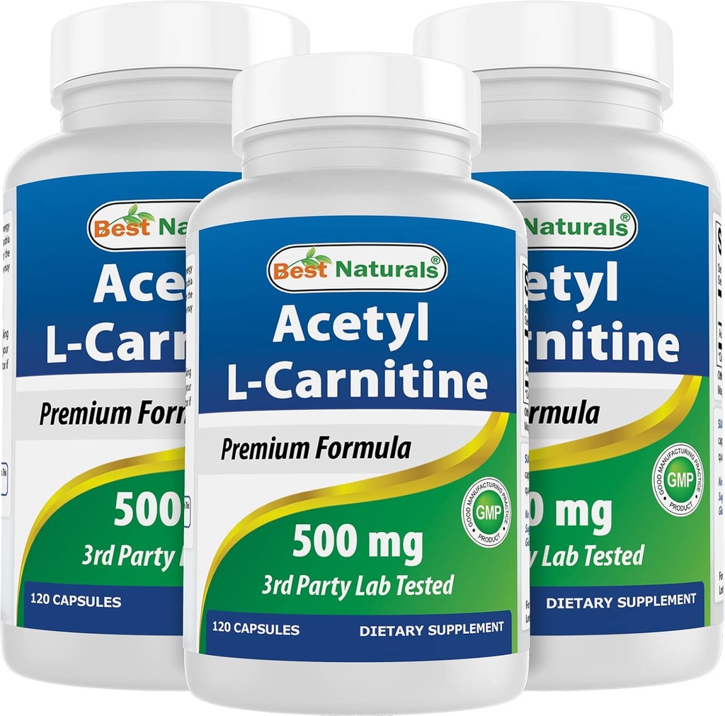 Paras Naturals Acetyl L-karnitiini (ALCAR) 500 mg, 120 kapselia, 120 tarjoilua - ei-GMO ja gluteeniton, 1 kapseli per tarjoilu (3 pakkaus)