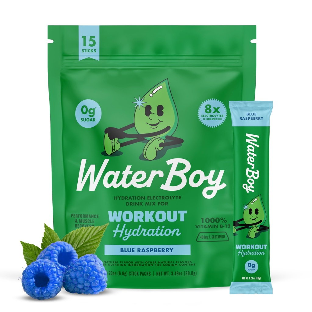 Waterboy Workout Hydration | 2 960mg Sugar Free Electrolyte Powder Packets | L-Glutamin + Vitaminer | No Sugar, All Natural, Gluten Free | 15 Drink Stick Mixes (Blue Raspberry)