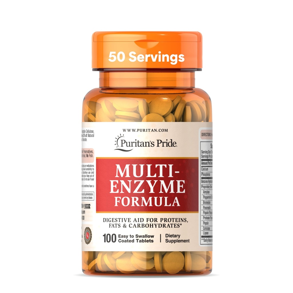 Puritan's Pride Multi-Enzyme Formula, Ruoansulatuskanavan apu proteiinit, rasvat ja hiilihydraatit, Ruokavalio Supistuksen ja terveen suolen tuki, 50 päivän tarjonta, 100 Helppo niellä päällystetty tablettia