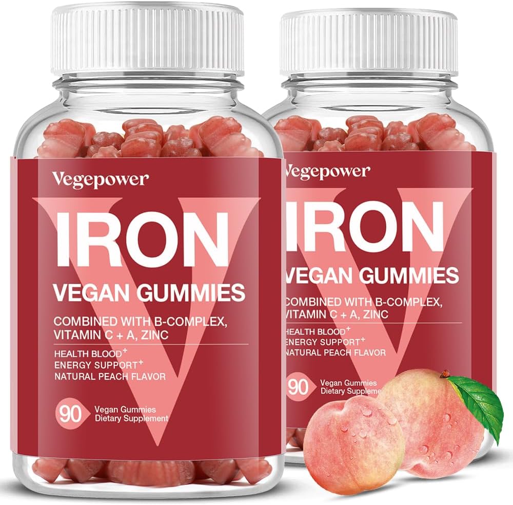Vegan Iron Gummies Supplement - Multivitamiini täydentää C-vitamiinia, A, B & Sinkki - Terveys veren ja energian tuki rautapuutos, anemia, ei jälkeen maku - Persikka maku(2 pakkausta)