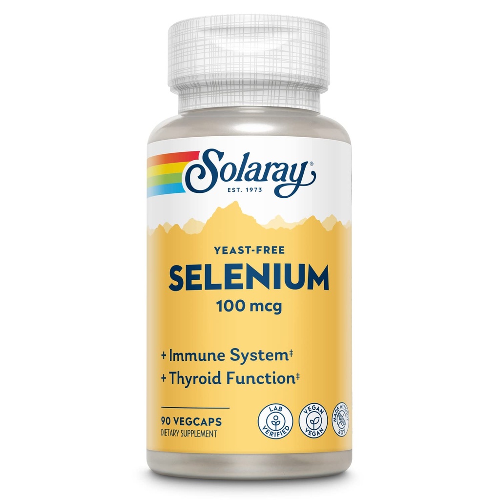 SOLARAY Selenium 100 mikrog Supplement for Women & Men - Selenium 100 mikrog kapselit, Kilpirauhasen ja immuuniterveyden tuki, Hiivaton, L Selenometioniini, antioksidantti tuki, Vegan - 90 Veg Caps
