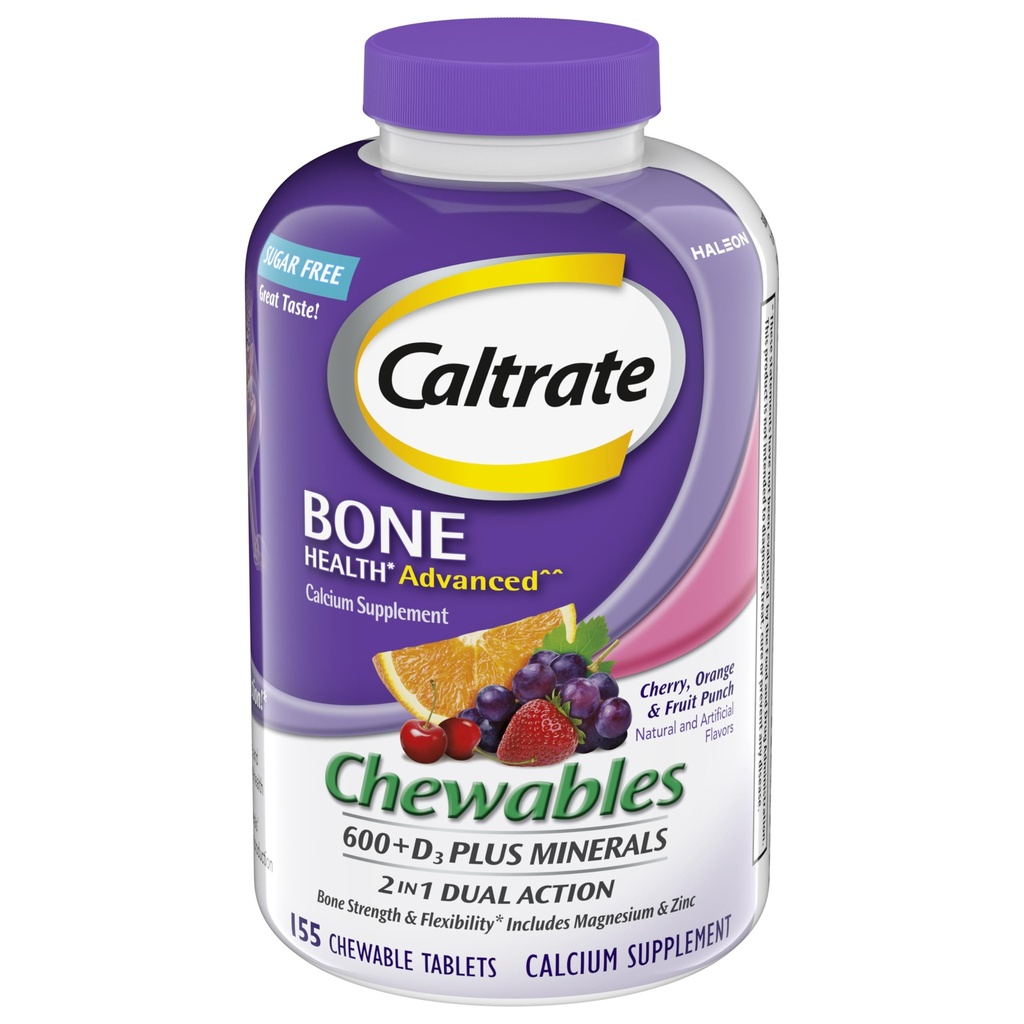 Caltrate Chewables 600 +D3 Plus Mineraalit Kalsium ja D-vitamiini, sokeriton, kirsikka, appelsiini ja hedelmäpunssi, 155