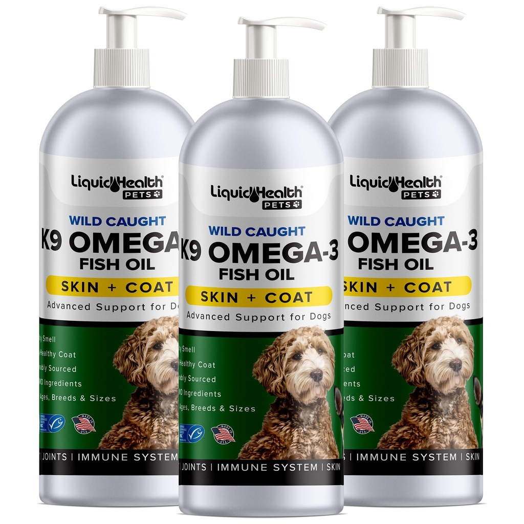 Liquid Health Pets K9 Omega 3 Fiskolja för hundar - Liquid Omega 3 Supplement för husdjur med EPA + DPA + DHA - Minska Itching & Shedding, Support Joints, Immunity, Brain, Heart Health - USA Made (3 Pack)