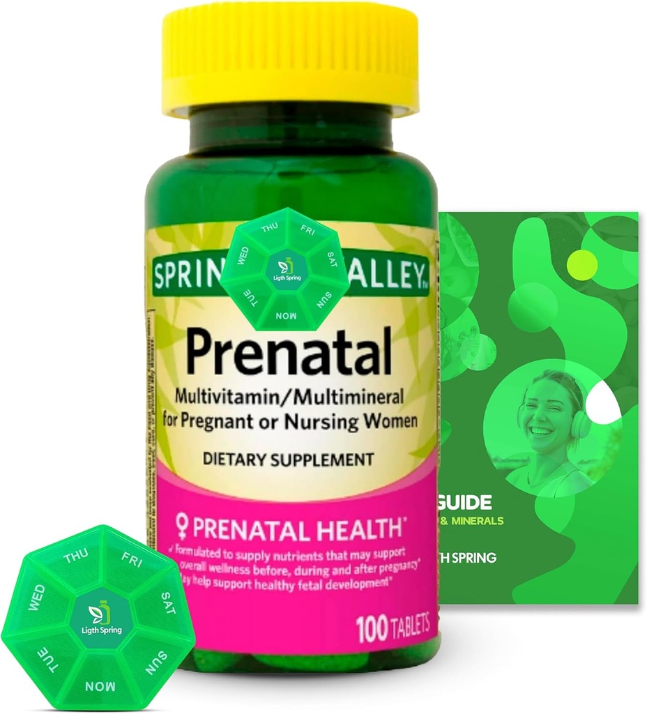 Prenatal Multivitamiini / Multimineral 100 tablettia Bundle Exclusive Vitamiines & Minerals - A-Z - Parempi Ligth & Spring Guide + Weekly Pill Organizer (3 tuotetta)