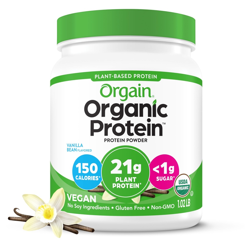 Orgain Organic Vegan Protein Powder, Vanilla Bean - 21g Plant Based Protein, 4g Prebiotic Fiber, No Lactose Ingredients, No Added Sugar, Non-GMO, For Shakes & Smoothies, 1,02 lb (Packaging May Vary)
