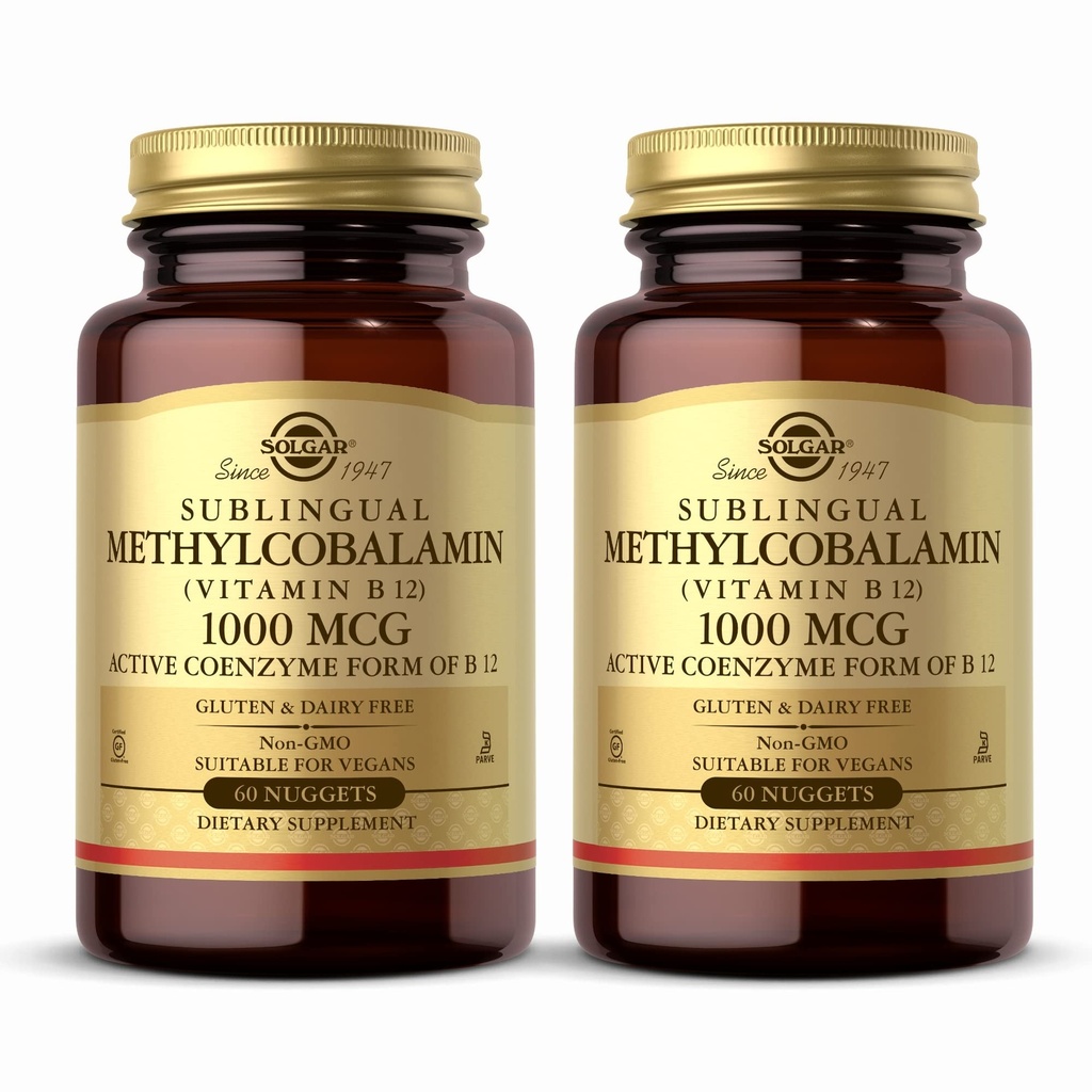 Solgar Methylcobalamiini (Vitamin B12) 1000 mikrog - 60 niggets, 2 kpl pakkaus - Tukee energian aineenvaihduntaa - Ei-GMO, Vegaani, Gluteeniton, Dairy Free, Kosher - 120 Yhteensä