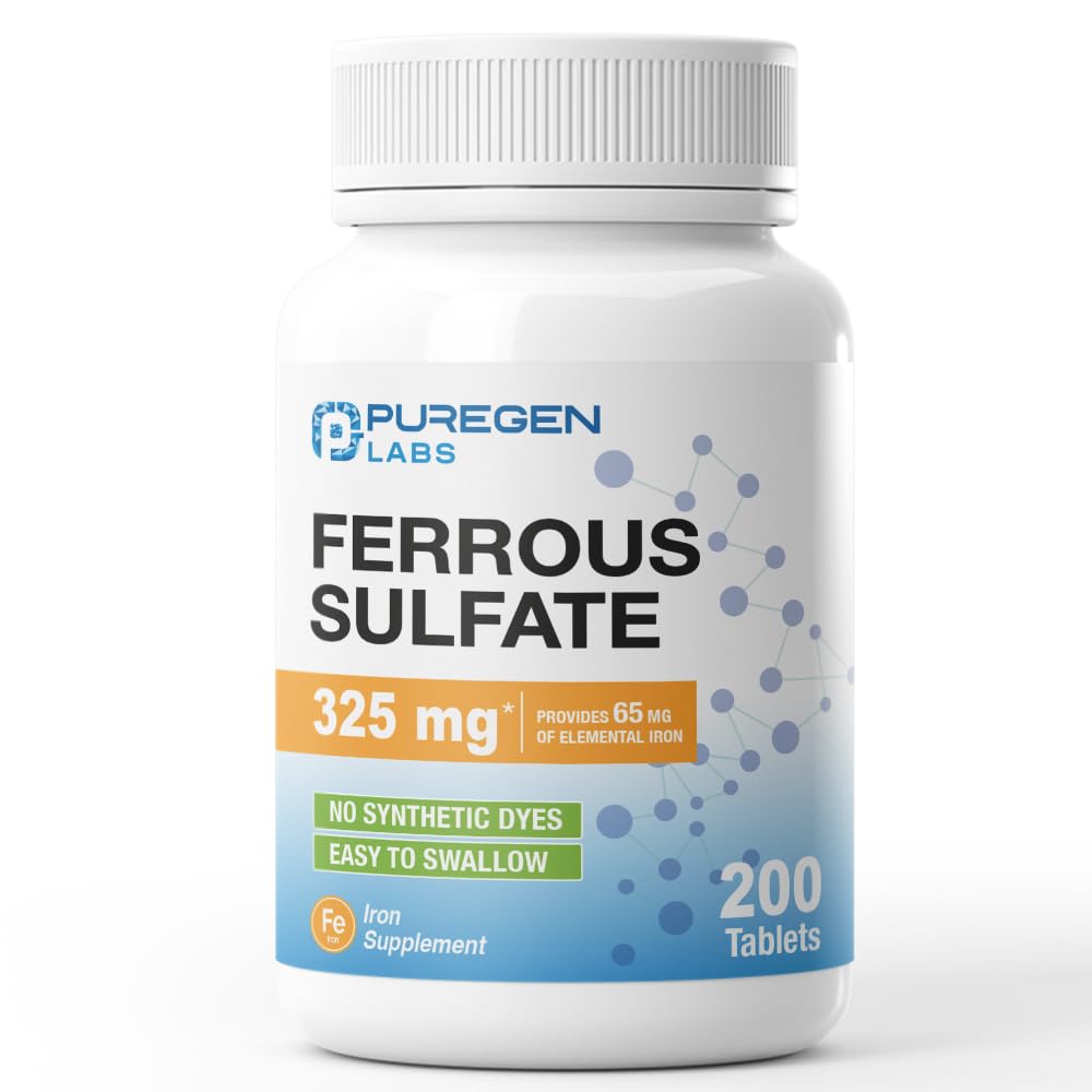 Puregen Labs Ferrous Sulfate 325 mg (65 mg Elemental Iron) High Potency Iron Supplement | Inga artificiella färgtillsatser - 200 tabletter tillverkade i USA