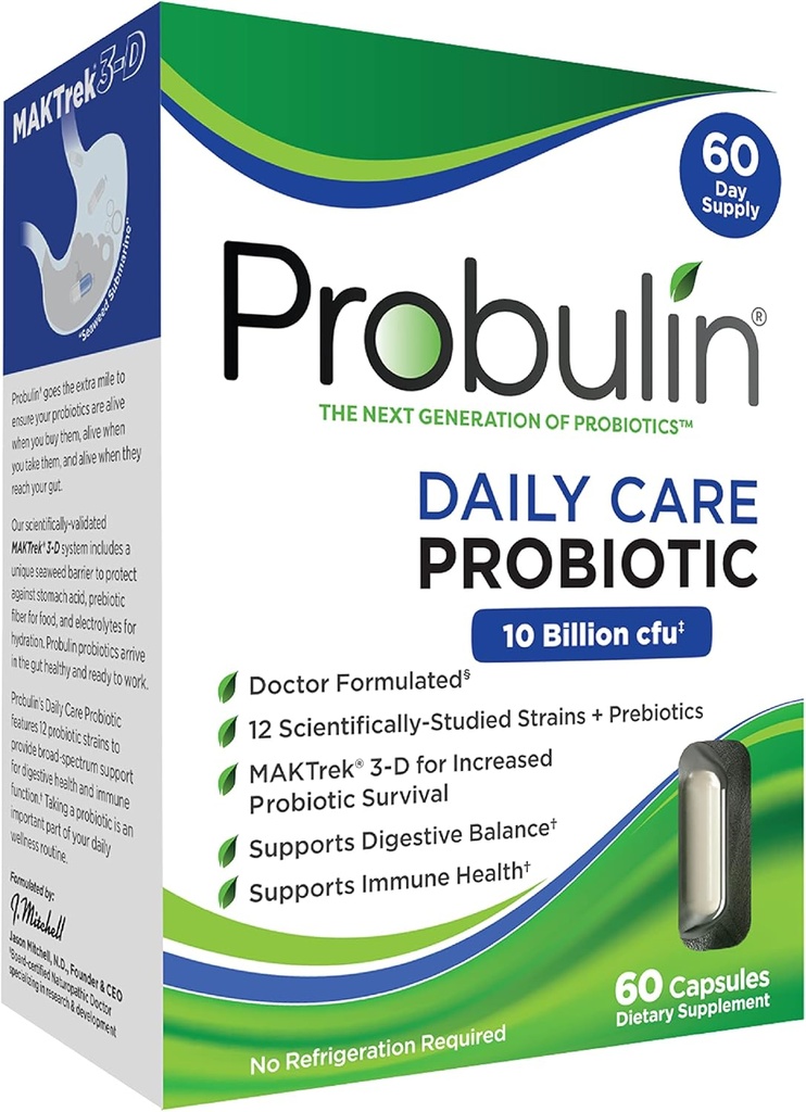 Probulin Daily Care Probiotic Supplement, digestiivinen, Gut, ja Immuunin terveyden tuki kapselit miesten ja naisten, 10 miljardia PMY, Vegan, 60 Count Box