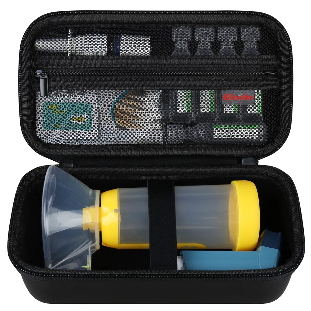 Elonbo Carrying Case for Asthma Inhaler, Inhaler Spacer for Kids and Adults, Masks, Inhaler Holder Asthma Travel Organize Bag, Pocket Fits Allergy Meds, Ventolin Inhaler, Black (endast fall)
