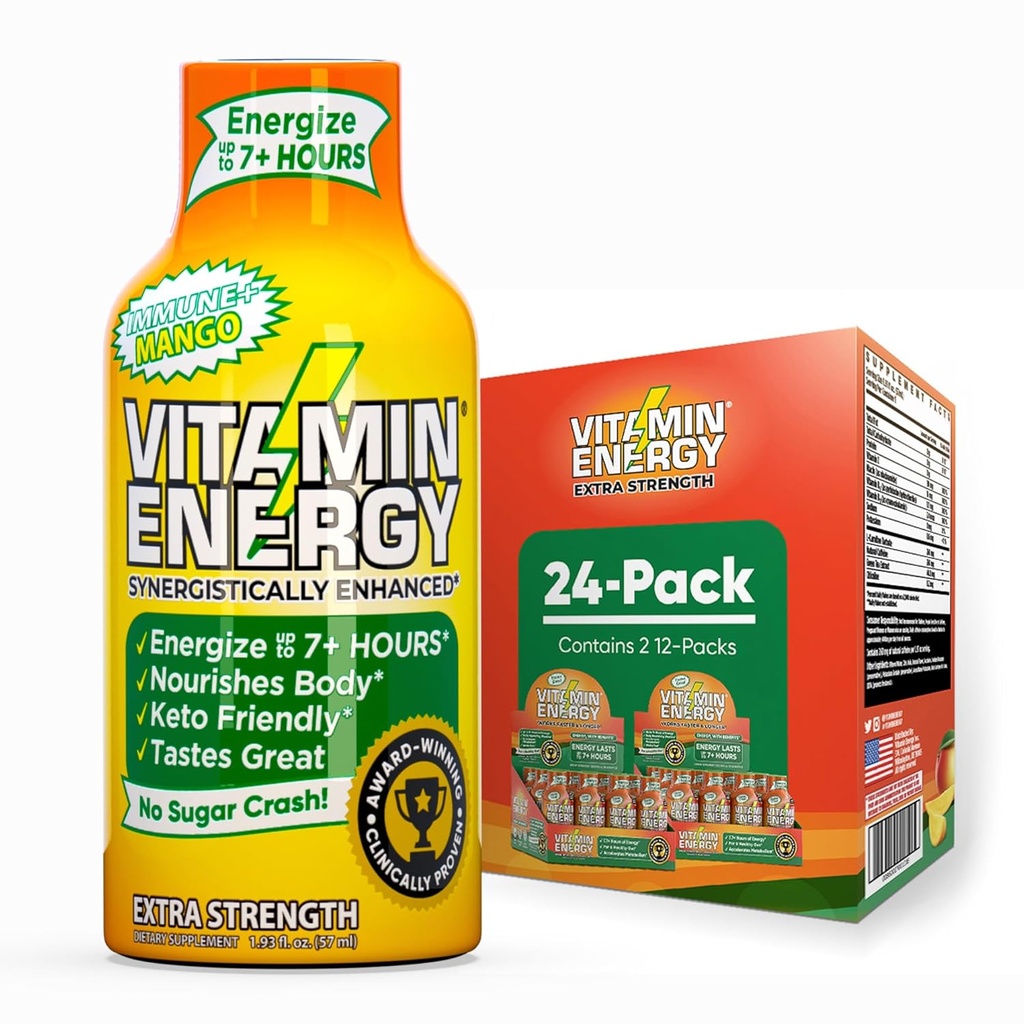 Vitamiini Energia Immuuni+ Extra Strength Energy Shot Mango 24 pakkaus, 260 mg luonnollinen kofeiini, B-vitamiinit, siticoliini, vihreä tee, immuniteetti &focus tuki, nollasokeri, gluteeniton 1,93 fl oz
