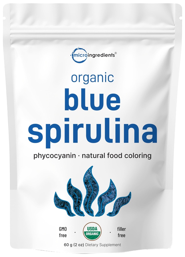 Organic Blue Spirulina Powder (Phycocyanin uute), 60 tarjoilua - Ei Fishy Smell, 100% Vegaaniproteiinia sini-vihreä Algae, Natural Luminous Food Väritys Smoothies, Paistaminen, Drinks & Cooking