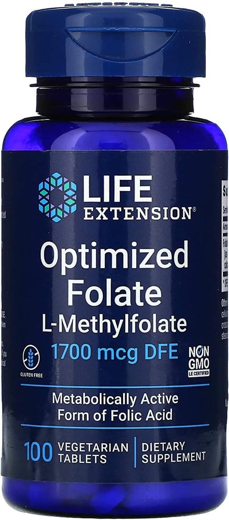 Life Extension Optimoitu Folaatti L-Metyylifolaatti 1000 mikrog Kasvissyöjä Tabletit 2 pakkaus