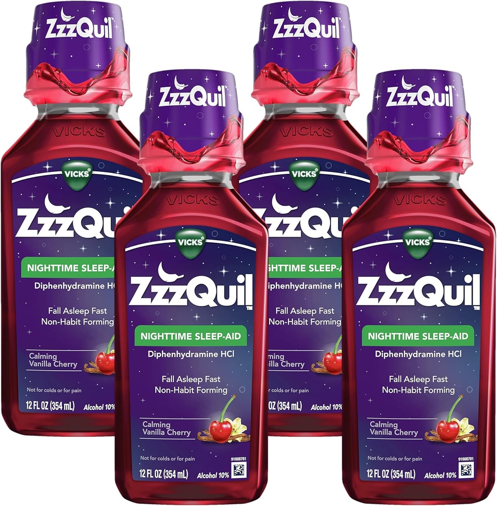 ZzzQuil, Nighttime Sleep Aid Liquid, 50 mg Difenhydramiini HCl, nro.1 Unilääkemerkki, Calling Vanilla Cherry Flavor, Non-Habit Forming, 12 FL OZ (pakkaus 4)