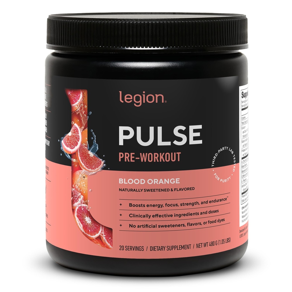 LEGION Pulse Pre Treenout - Kaikki luonnon typpioksidin esitreenata Drink Boost Energy, Creatiini ilmaiseksi, luonnollisesti makeutettu, Beta Alanine, Citulline, Alpha GPC (Blood Orange)