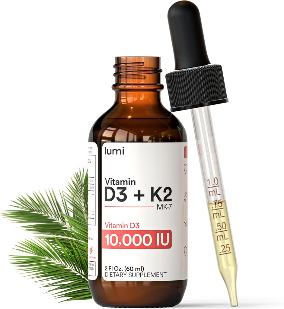 lumi Vitamin D3 K2 MK7 w Palm MCT Oil - 10000 IE D3, 200 mcg K2 MK7-60ml Liposomal Absorption Sublingual Liquid Drops - Non-GMO, Vegan, Unflavored Liquid - Månatlig Supply - 2 Fl Oz