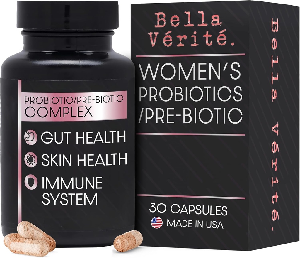 Bella Vérité. Probiootti & Prebiootti Complex - Tuki naisten digestiivinen & Gut Health - 3.45 miljardia PMY Lactobacillus Probiootit Clearer Skin - Päivittäinen probiootti täydentää (30 kasvissyöjä kapselit)