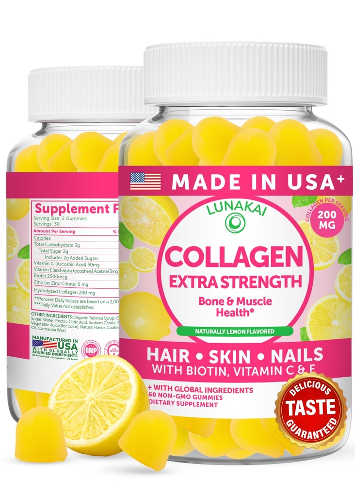 Lunakai USA Made Collagen Peptides Gummies - 200mg Ei-GMO Anti-aging Formula Biotin, Sinkki, C-vitamiinit hiukset, iho ja kynnet, 60ct