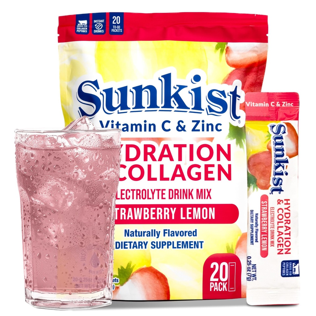 Frozen Bean Sunkist Collagen Drink Mix - Hydration Strawberry Lemon Electrolyte Drink för kvinnor med vitamin C, Zink, Collagen Peptides, Naturligt smaksatt - 20 Pack