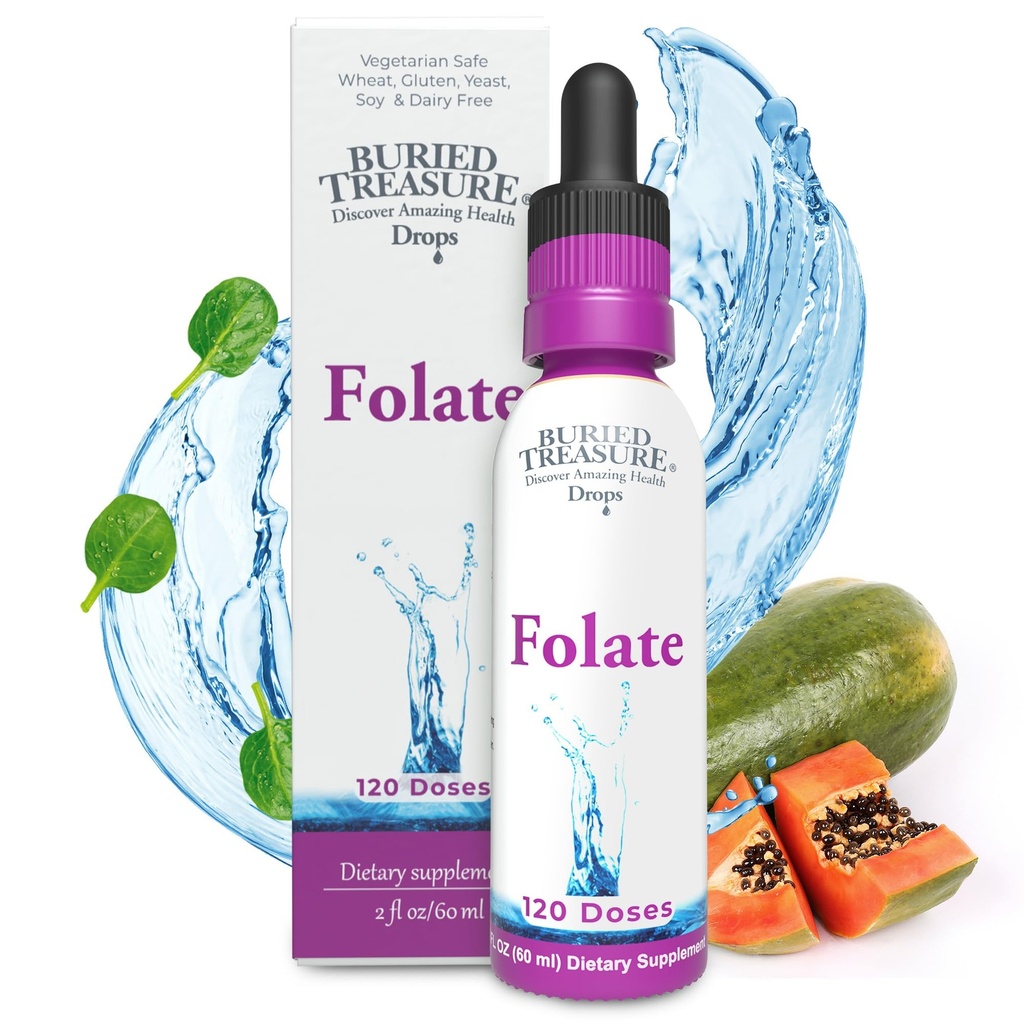 Hautautunut Treasure Folate Drops - Methylated B-9 (Kalsium L-5 Metyylitetrahydrofolaatti), Tukee energian tuotantoa, sydämen terveys ja raskaus, 5-MTHF täydentää Vegan Safe, 120 tarjoilua
