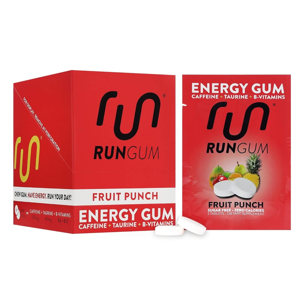 Run GUM Fruits Punch Energy Purukumi 50 mg kofeiini Tauriini & B-vitamins Per pala, 24 kappaletta (pakkaus 12) Sokeriton, nolla kaloria, ei aspartaami, ja Gluteeniton, 1 ea