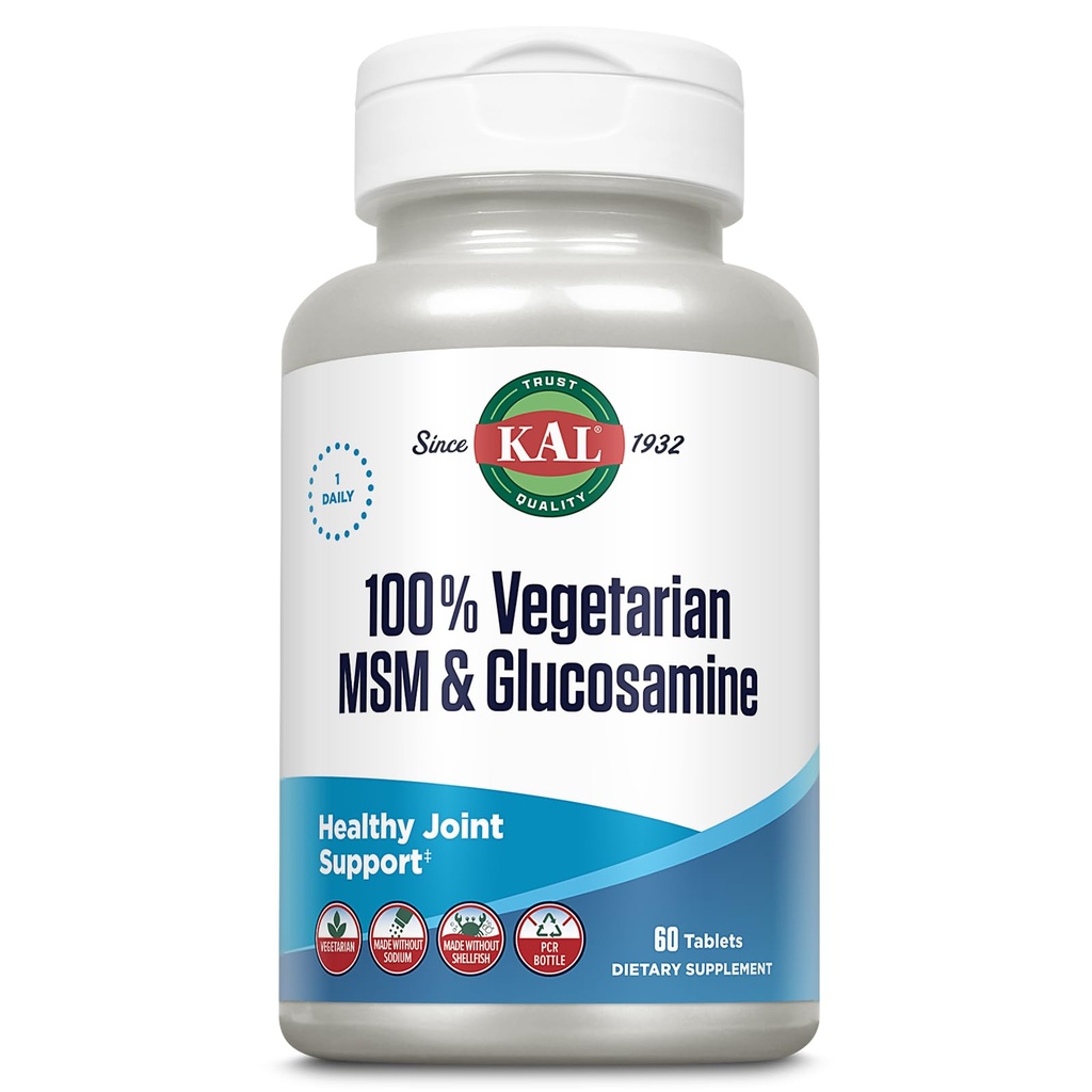 KAL 100% Kasvissyöjä MSM & Glukosamiini - Terve Joint Support - Vegan Glukosamiini ja MSM Supplement - Valmistettu ilman simpukoita - Lab todennettu - 60 päivän takuu - 60 tarjoilua, 60 tablettia