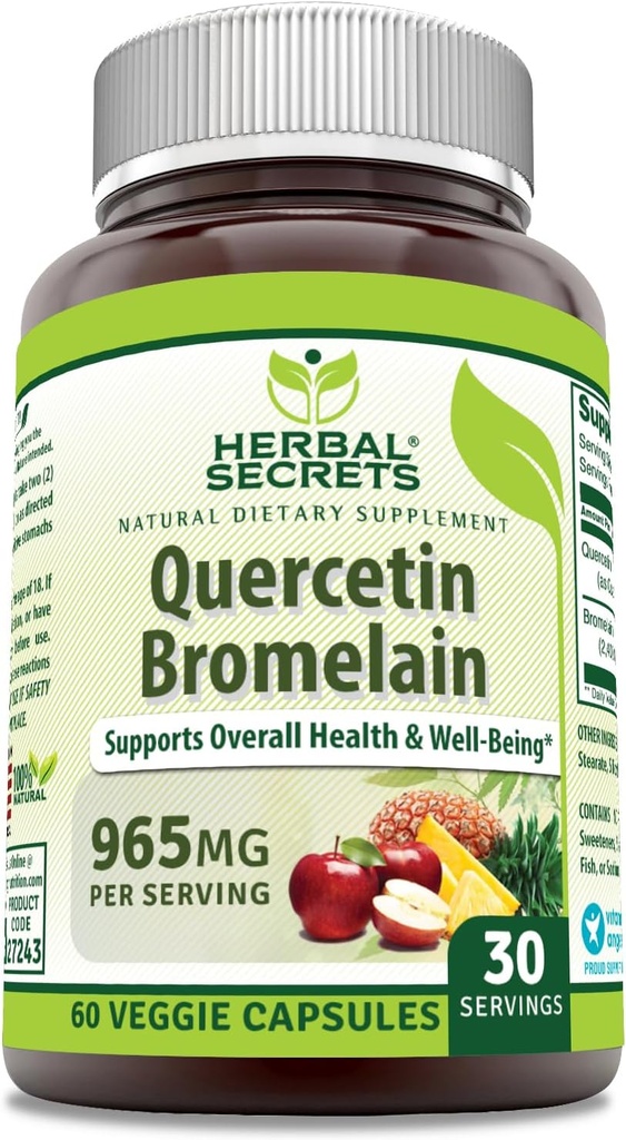 Herbal Secrets Quercetin 800 Mg med Bromelain 165 Mg Supplement | 60 Veggie Capsules | Non-GMO | Glutenfri | Made in USA