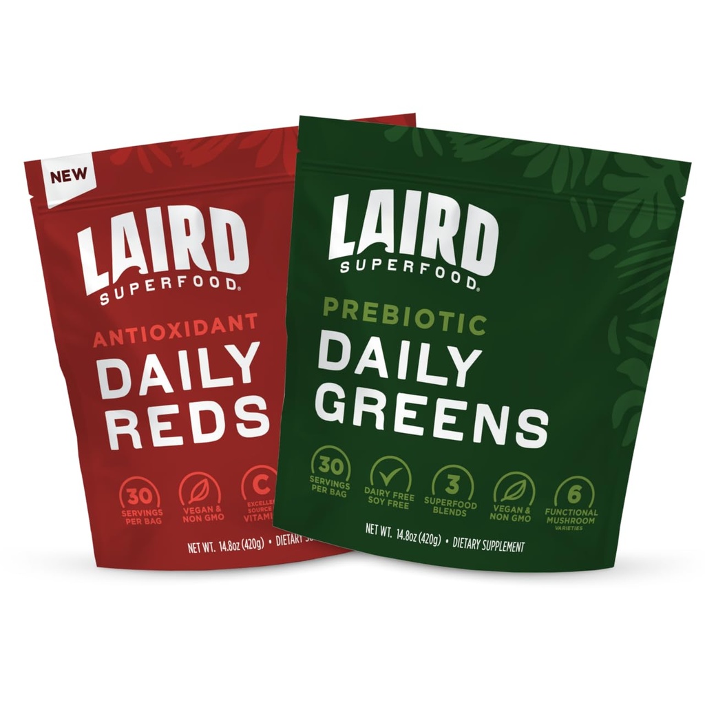 Laird Superfood Reds & Greens Bundle, Prebiootti Daily Greens and Antioxident Daily Reds Powder, 14.8oz