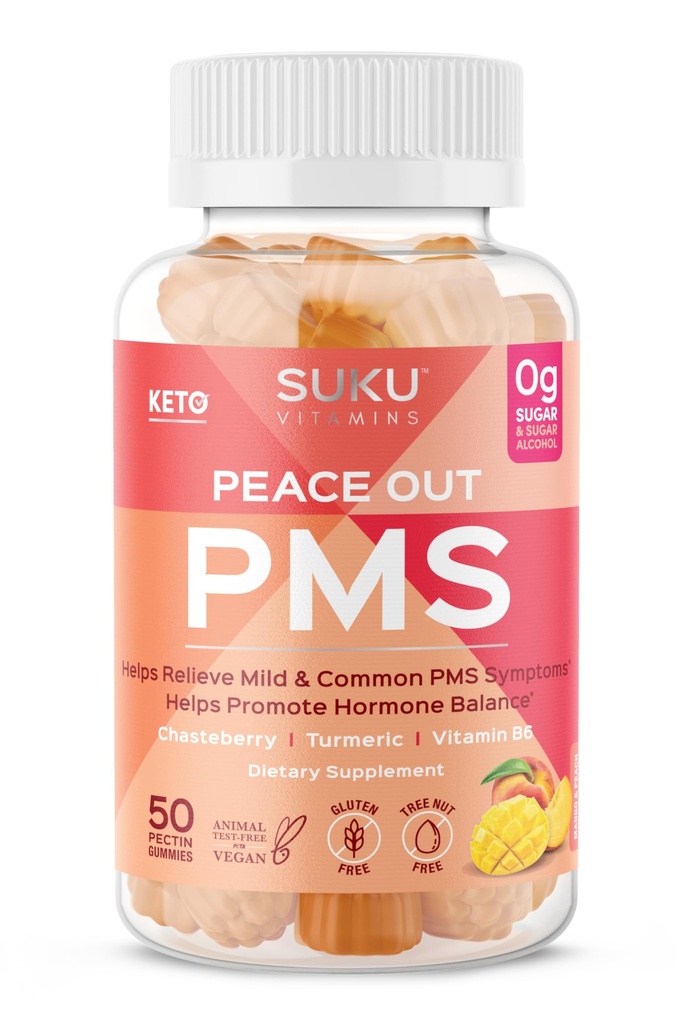 SUKU-vitamiinit - PMS Gummy Supplement Chasteberry lievittää PMS ja vaihdepause Peach Mango Gummies (50 count)