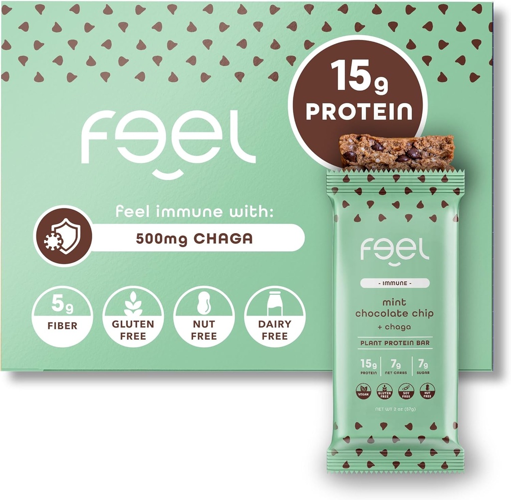 Känn Vegan Protein Bars | Mint Chocolate Chip | Keto | Gluten Free | Organic | Chaga Mushroom | 15g Plant Protein | Low Carb | High Protein | Dairy Free | Low Sugar | Grain Free | Nut Free | Soy Free