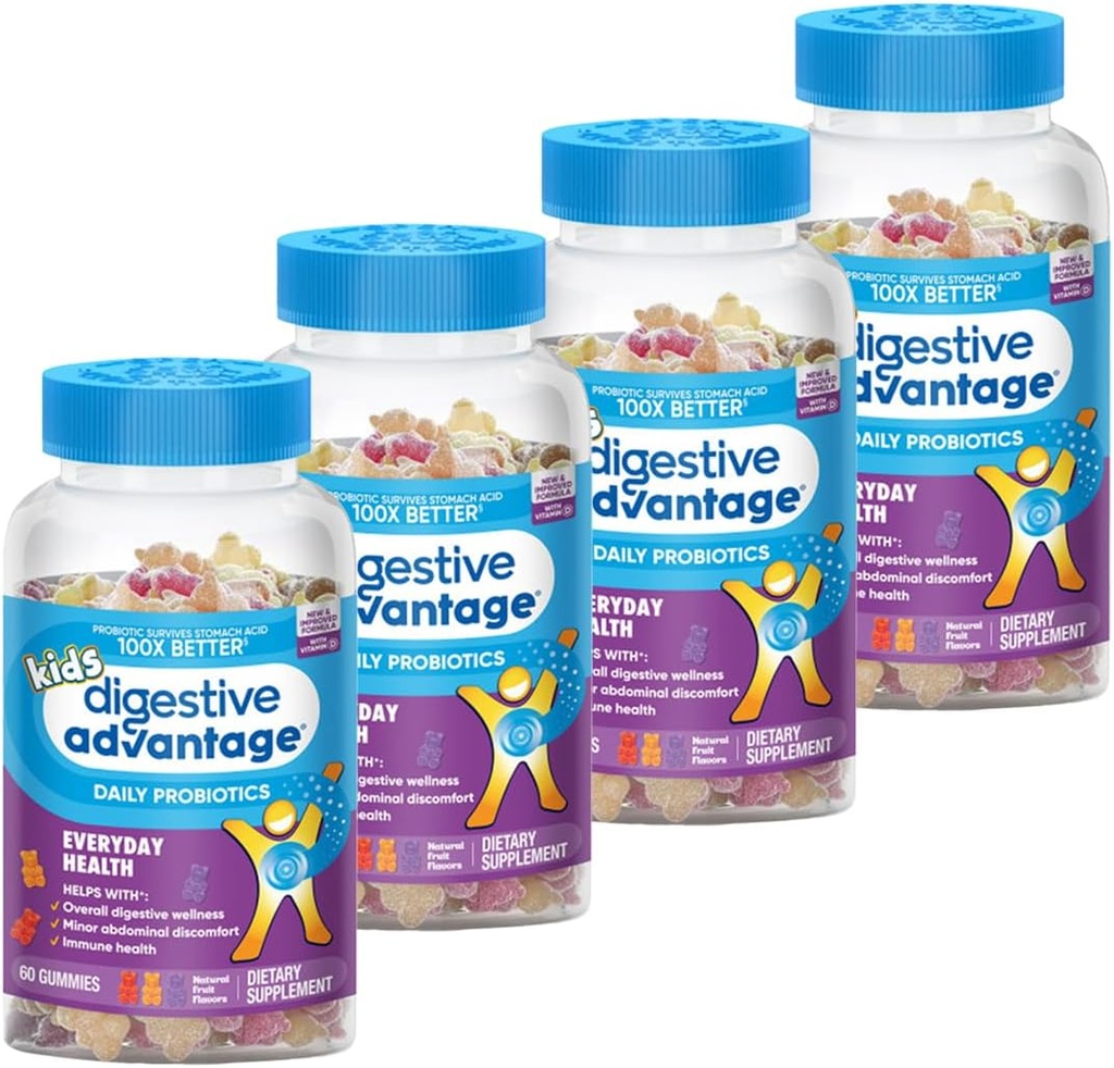 Ruoansulatuskanavan edut Kids Natural Fruit Flavors Probiootti Gummies lapsille Occassional turvotus, Minor vatsan epämukava ja Gut Health, 60 Count Gummies (4 pakkaus)