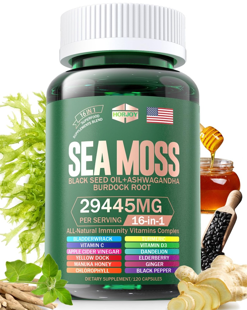 Sea Moss 12000mg Musta siemenöljy 6000mg Ashwagandha 3000mg Turmeric 1000mg Rakkomurska 2000mg Burdock 3000mg & C-vitamiini & D3 kanssa Elderberry Manuka Voikukka Jodi klorofylli ACV