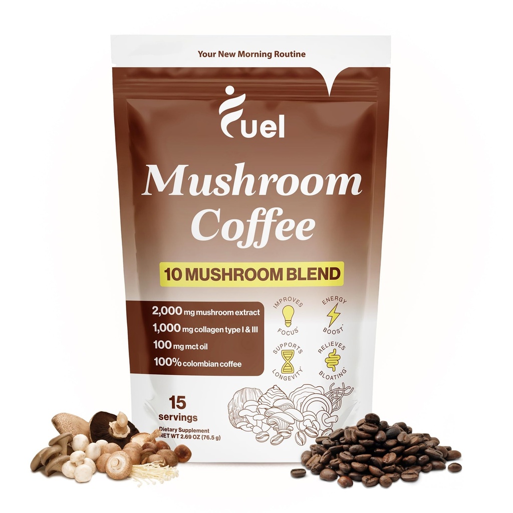 Bränsle Nutrition Pro Collagen & Mushroom Coffee för viktminskning, Lion's Mane, Chaga & Mushroom Powder, Low Caffeine Organic Instant Coffee, 15 portioner