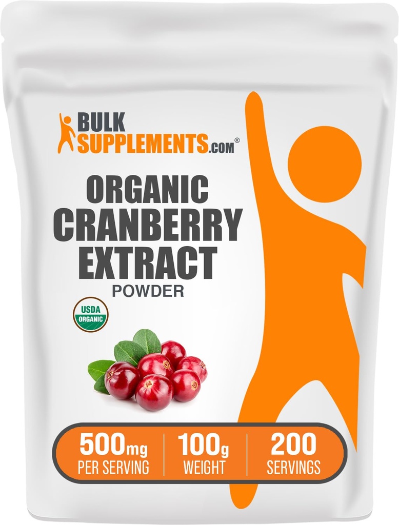 BulkSupplements.com Organic Cranberry Extract Powder - Organic Cranberry Flavoring Powder, lähde: Vaccinium Macrocarpon Fruit - Vegaani & Gluteeniton, 500 mg per tarjoilu, 100g (3.5 oz) (Pakkaus 1)