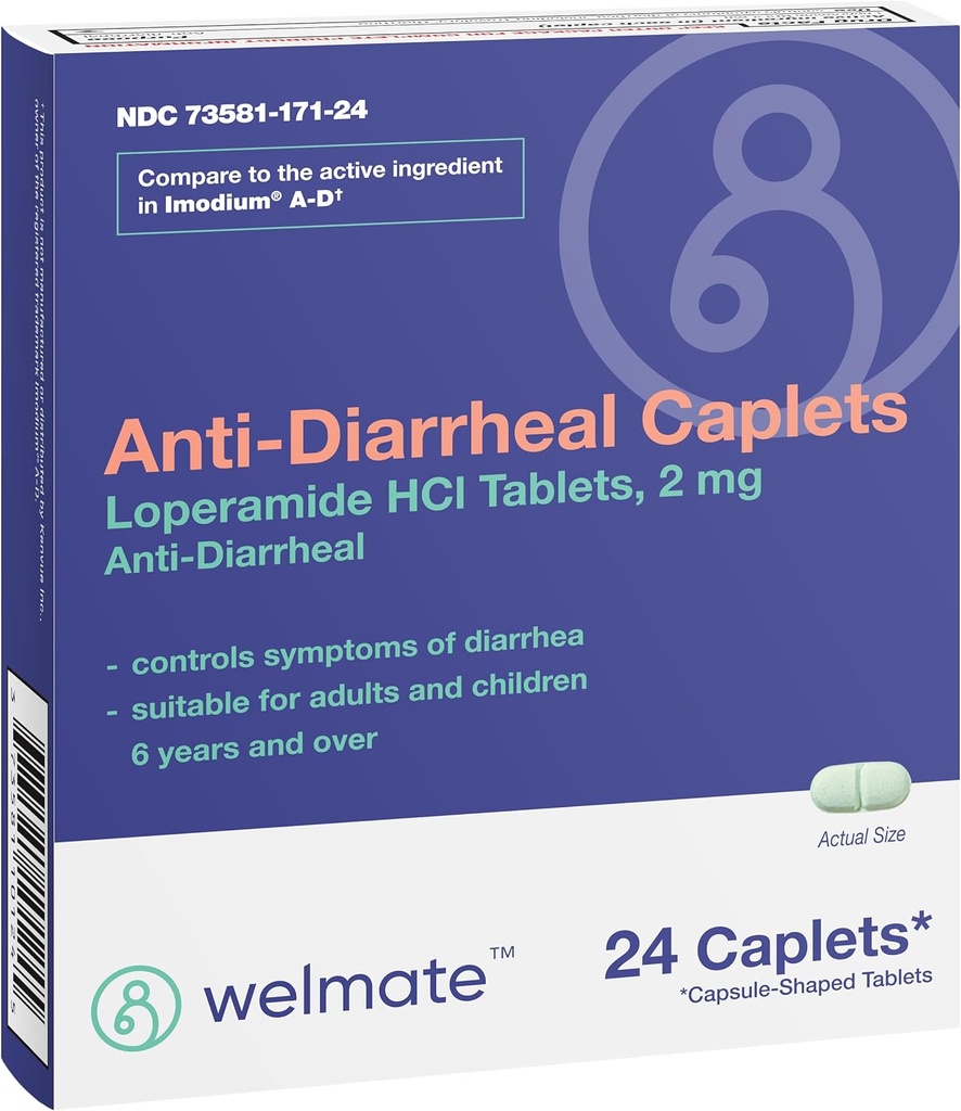WELMATE - Anti-Diarrheal Caplets (24 Caplets) - Loperamid HCL 2 mg - Diarré Symptom Relief - Upprörd mage Reliever - Anti Diarrhea Pills - Over-The-Counter Medicinering