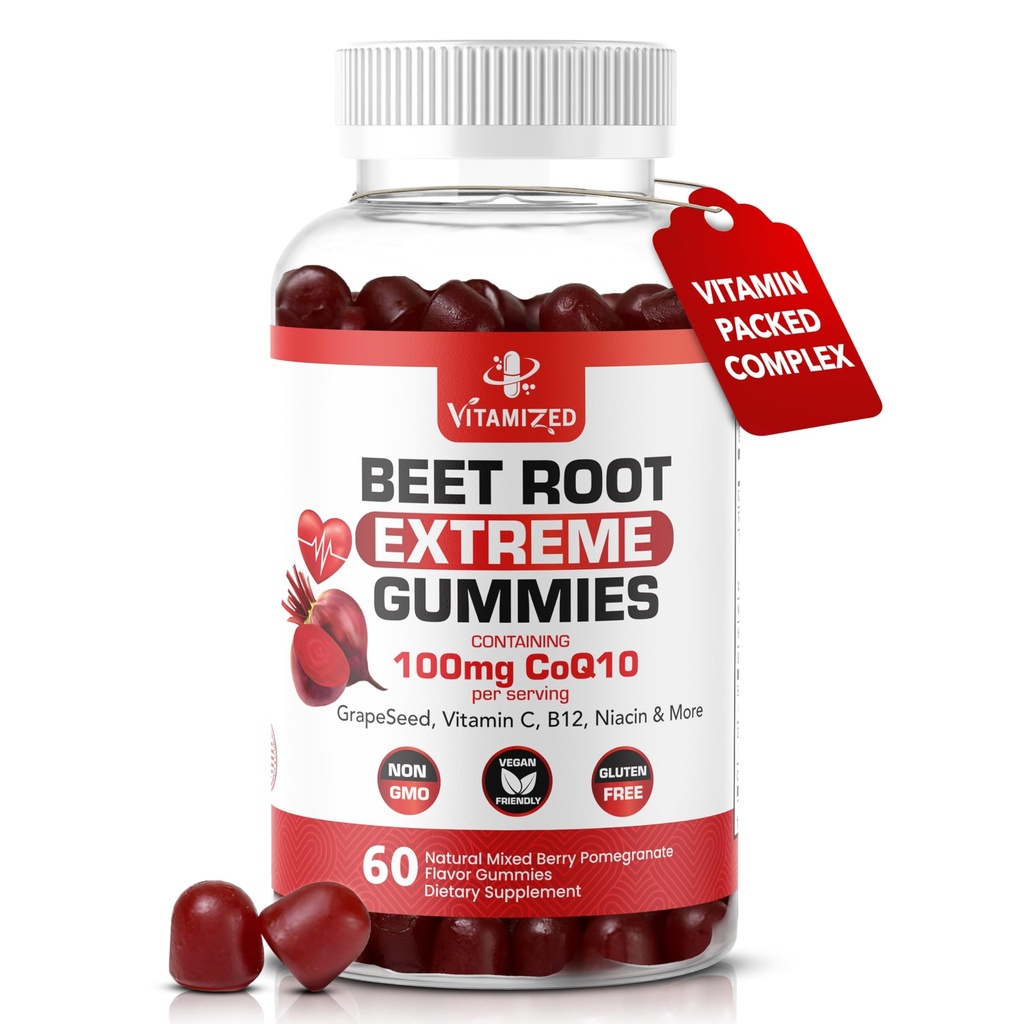 Äärimmäinen Beetroot Formula & COQ10 100mg viinirypäleen siemenuute, verenkiertoon energia & virtaus, 1500 mg juuria Gummies uute Gluteeniton 60