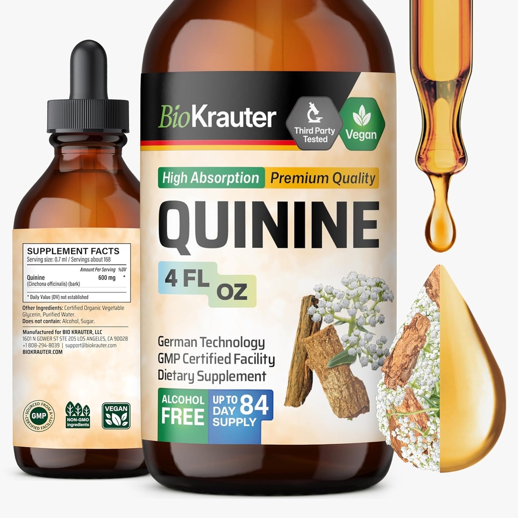 BIO KRAUTER Quinine for Leg Cramps Tincture - Cinchona Bark Extract - Vegan Quinine Liquid - Alkoholiton ja sokeriton uute 4 Fl.Oz.