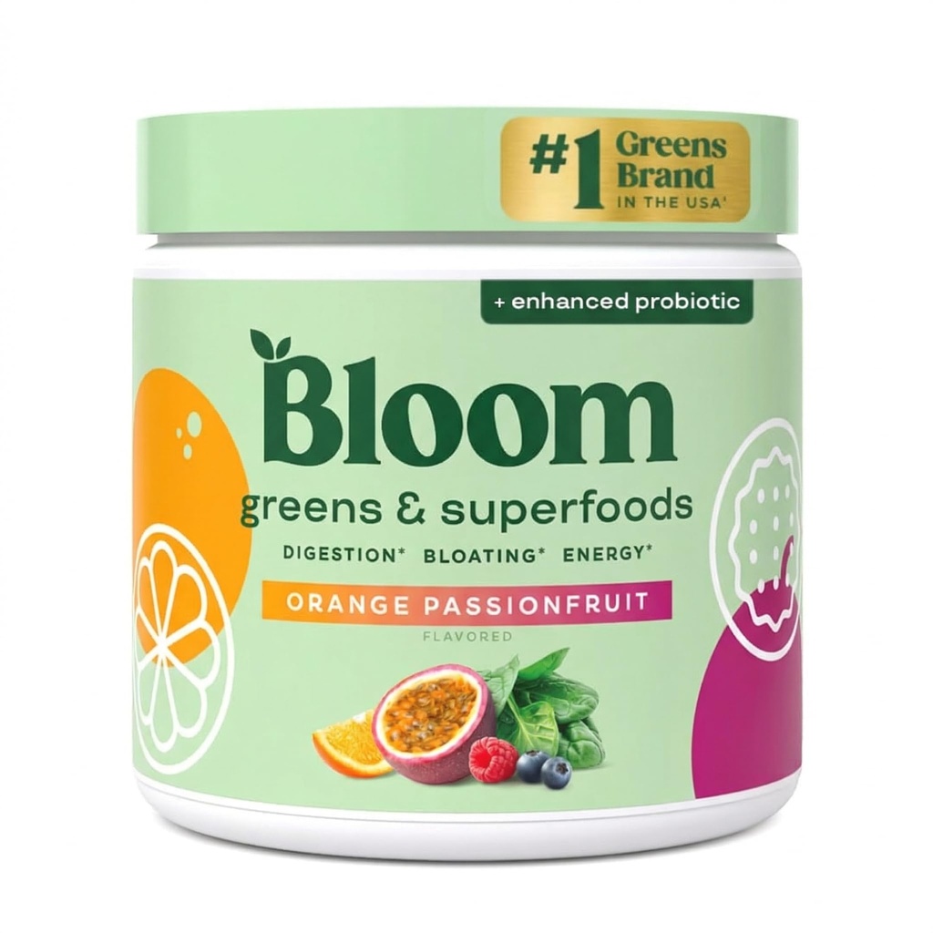 Bloom Nutrition Superfood Greens Powder, Divegestive Enzymes with Probiotics and Prebiotics, Gut Health, Bloating Relief for Women, Klorella, Juice Mix w/Beet Root Powder, 30 SVG, Orange Passion Fruits