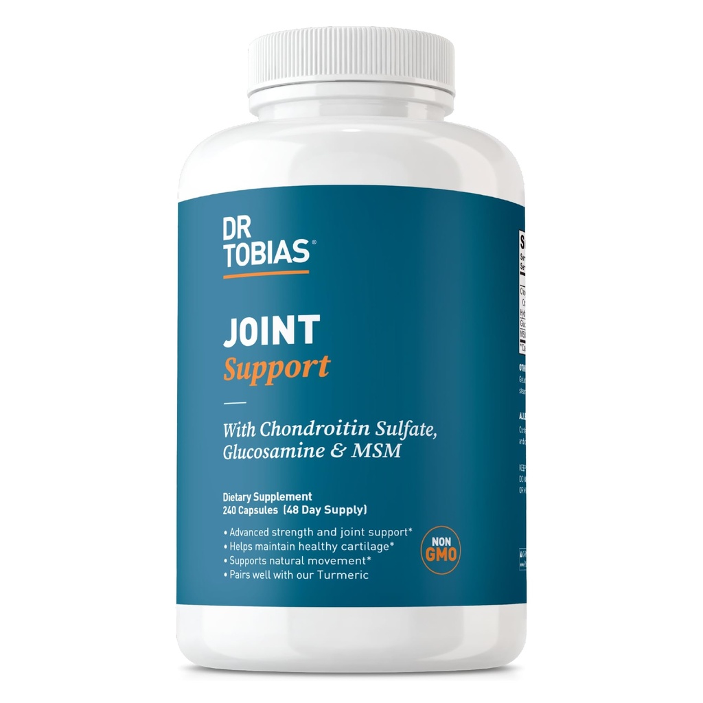 Tobias Joint Support Supplement with Glukosamiini Chondroitin MSM, Tukee Connective Tissue, Function & Joustavuus, Extra Strength Joint Supplements for Men & Women, 240 kapselia