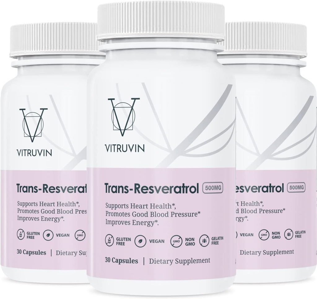 Vitruvin Trans-Resveratrol 500 mg, 3 pullot pakkaus, Vegan, ei-GMO, Gluteenittomat, Liivate-vapaa.