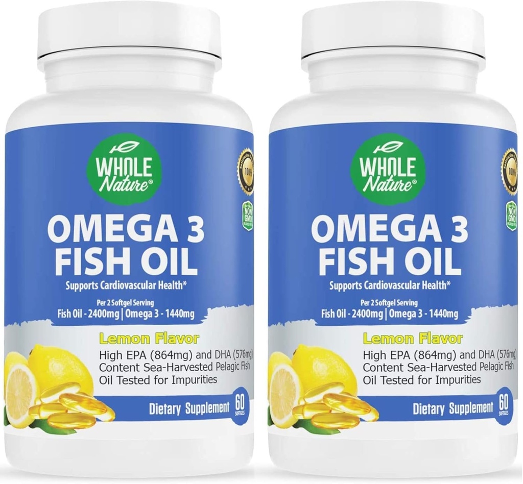 Omega 3 Fish Oil Supplements, Maximum Strength 2400 mg Omega-3, 1440mg Fish Oil, EPA ja DHA rasvahapot, sydän, aivot ja immuuni tuki naisille ja miehille. Natural Lemon Flavor, 120ct (2)