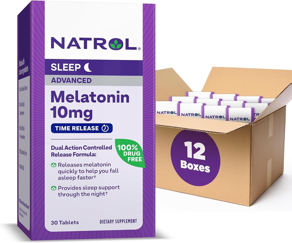 Natrol Advanced Sleep Melatoniini 10 mg, Ravintolisä levollinen uni, aika vapauttaa melatoniinitabletteja, 30 Aika-Julkaisevat tabletit, 30 päivän tarjonta (pakkaus 12)
