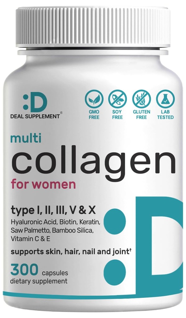 Multi Collagen pillereitä C-vitamiinia, E & Biotiiniä, 300 kapselia hydrolysoitua kollageenia Peptidia 11: ssä Formula with Saw Palmetto, Bamboo Silica, & Hyaluronic Acid