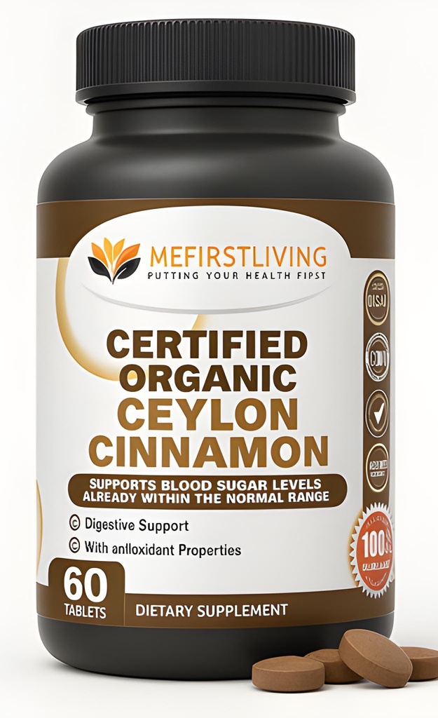 Me First Living Ceylon Cinnamon 1000mg, 100% Certified Organic Ceylon Cinnamon, non-GMO, True Kaneli, Metabolia tuki, antioksidantti - 60 tablettia