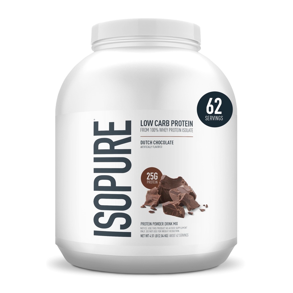 Isopure Low Carb 100% Pure Whey Isolate Protein Powder, Lactose Free, Gluten Free, Med Vitaminer, Nederländska Chocolate, 25g Protein Per Servering, 4,5 Lbs, 62 portioner (Packaging May Vary)