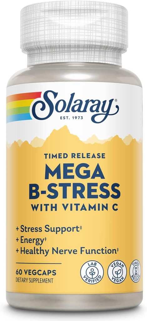 SOLARAY Mega Vitamin B-Stress, Timed-Release Vitamin B Complex med 1000 mg Vitamin C för Stress, Energy, Red Blood Cell & Immune Support, 60 Day Guarantee, Vegan, 20 portioner, 60 VegCaps