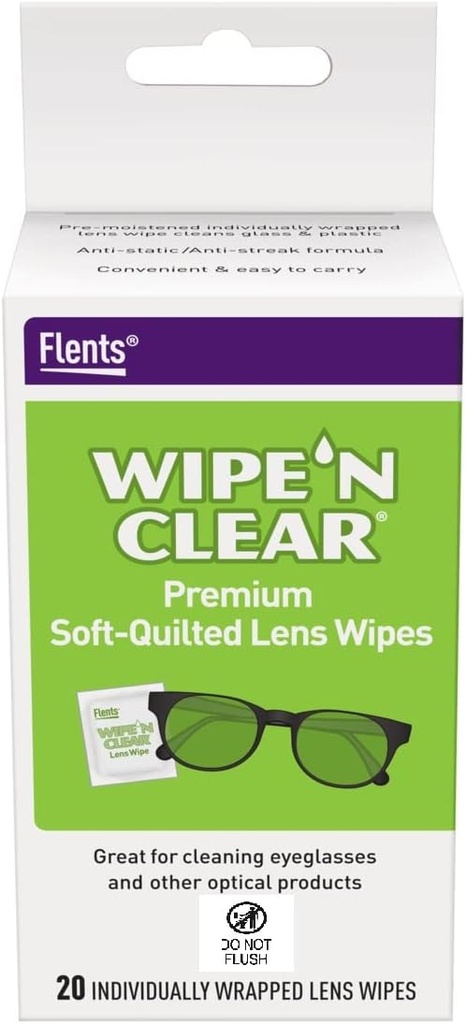 Flents Lens Wipes, Wipe 'N Clear, 20 Count, Pre-Moistened, Streak-Free, Säker för glasögon, Anti-Fog, Gentle Cleaning, Clear Vision, Individually Wrapped för Travel & Convenience, Gjord i USA